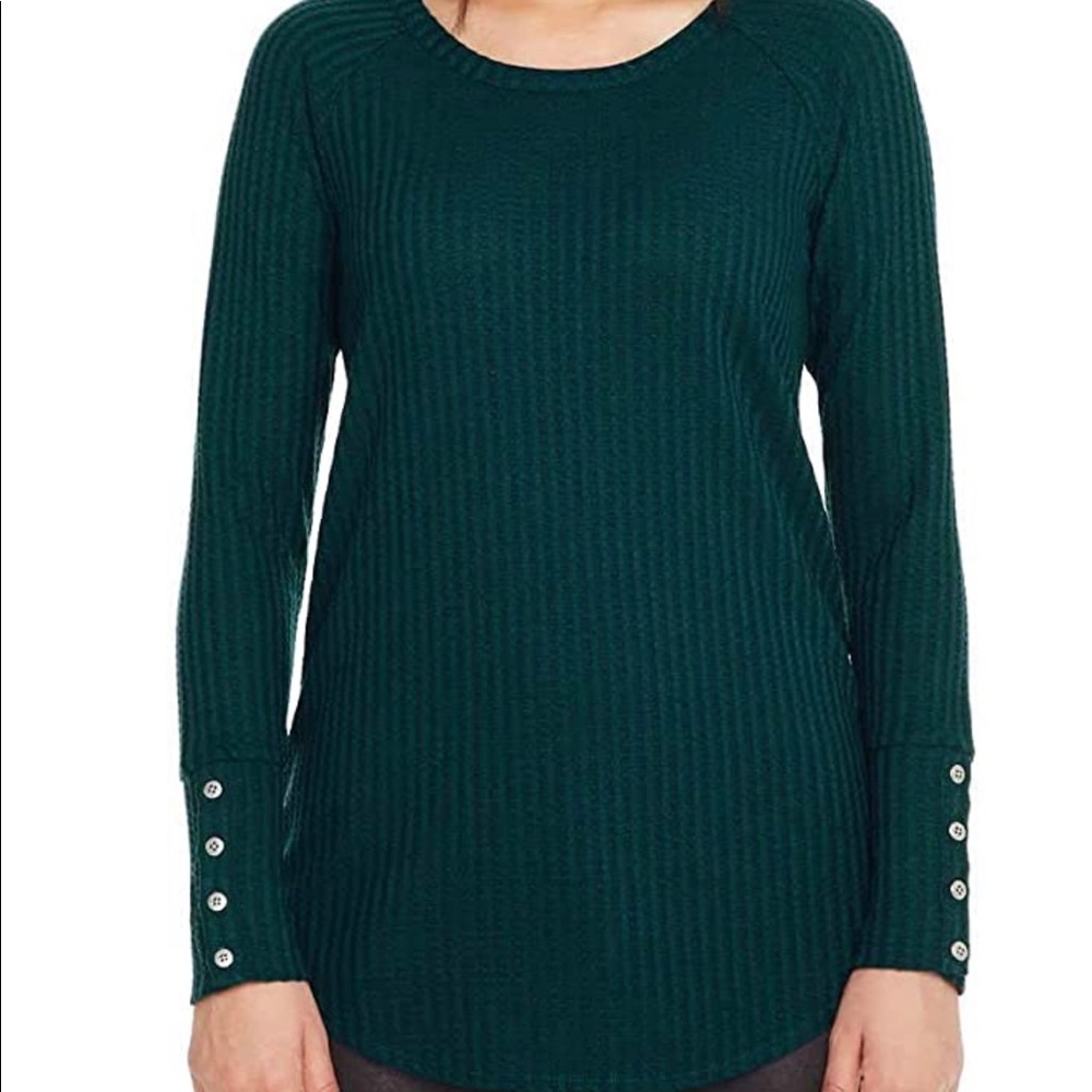 Teal Blue Waffle Knit Top, Raglan Sleeves, Tunic Length Soft & Cozy, Chaser, New